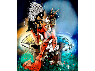 Druid with a goat (color) animals art color color art creepy design digital folk graphic design illusrtator illustration magic merch
