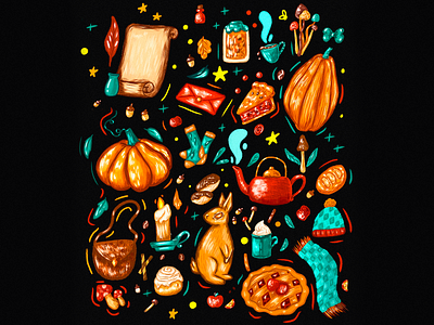 Autumn pattern (black) animals art autumn cute design digital digital art drawing halloween illustration illustrator magic merch pattern warmth