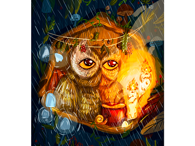 Rainy evening animals art atmosphere autumnaesthetic autumnart book bookillustration cute design digital digital art halloweenart illustration illustrator merch owl postcard print rain