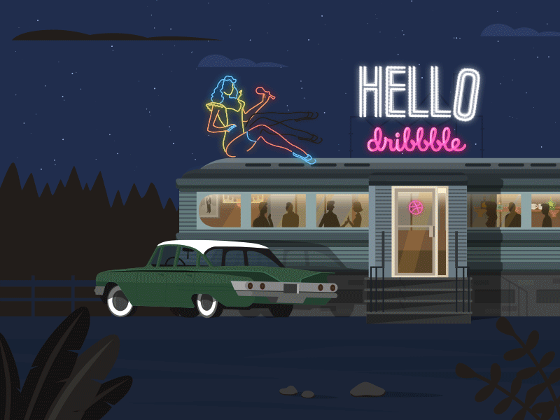 Hello Dribbble animation bar car forest hello dribbble highway night