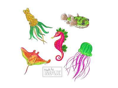 Summer Fruit Fish Illustrations art creative design drawing hand drawn illustration mashup origional sticker