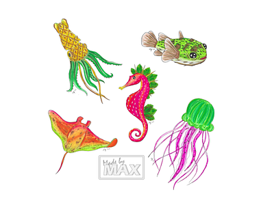 Summer Fruit Fish Illustrations