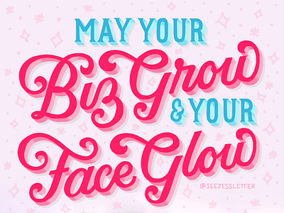 May Your Biz Grow & Your Face Glow 3d brushes colorful cosmetics eyeshadow handlettering highlighter illustration lettering makeup palette pink script serif stars type typography