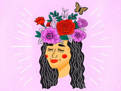 New Mental Health Project butterfly coral floral flower crown flowers illustration leaves mental health pink poppy purple rose texture woman