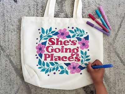 She's Going Places brand partnership collab feminist floral handlettering illustration lettering quote retro tote tote bag travel type typography