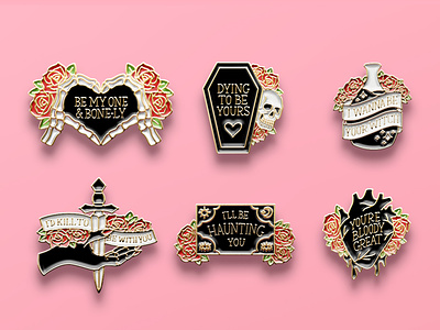Undying Love Collection coffin concept dagger enamel pin floral halloween hand handlettering heart illustration lettering love pin potion roses skeleton skull spooky valentines day witch