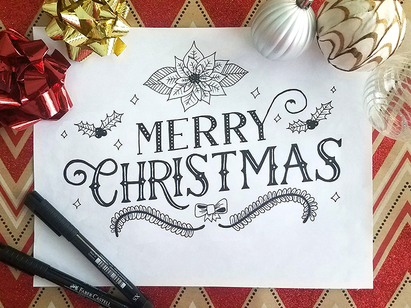 Merry Christmas 2017 black and white floral flower poinsettia gold red glitter holiday typography type handlettering lettering