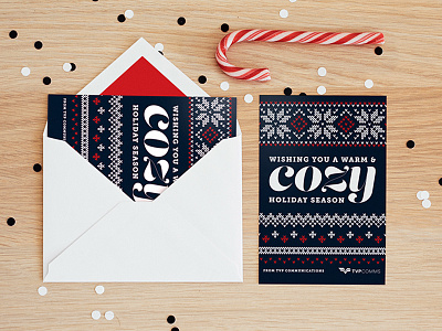 TVP Communications Holiday Card card christmas christmas card holiday holiday card holiday sweater illustration navy blue snowflakes sweater type typography xmas
