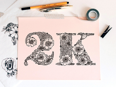 2K floral flowers handlettering illustration ink lettering number numeral type typography