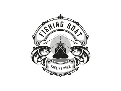 Fishing logo, vintage logo design with boat and two fish vector hook