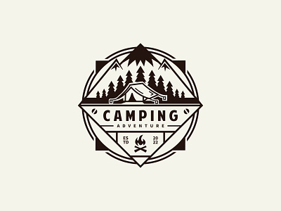 Camping logo design with mountain, pine trees, tent and compass design fire logo vector