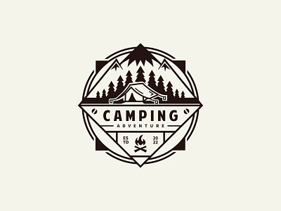 Camping logo design with mountain, pine trees, tent and compass