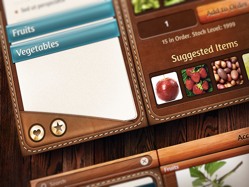 WholeApp New Interface leather wooden wood skeuomorphism ux experience user experience ui ios iphone app user interface ipad skeuomorph counter market shop number organizer list catalogue catalog pattern texture stitch best button stitching pocketbook wallet