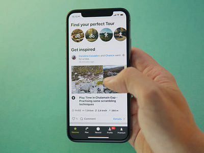 Discover feed on Komoot. Real product implementation activity app feed heart interaction interface iphone komoot like love mobile page post product design scroll social media tap user ux