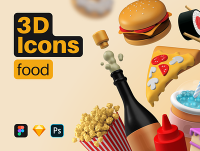 3D Icons / Food 3d birthday cake blender burger c4d cake champagne cinema4d food icon icon set icons icons pack illustration interaction ketchup pack pizza popcorn