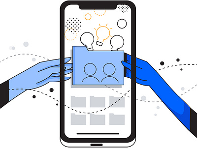 Mobile first blue enterprise flat illustration hands ideas interface iphone process shapes sharing ui uiux users