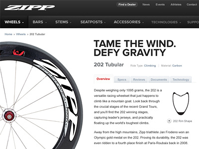 Zipp Website Redesign black design navigation product detail tabs ui website