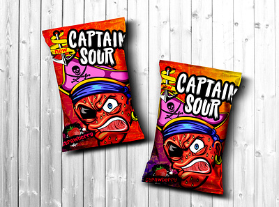 Chewing gum packaging captain chips illustration pack packaging productlabel sour strawberry