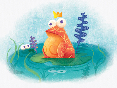 The Frog King affinity affinitydesigner algas blue brush crayon frog green habitat illustration king lake orange