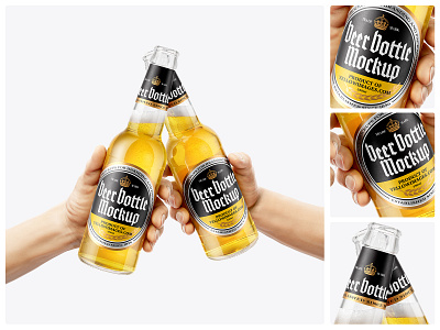 Two Clear Glass Beer Bottles in the Hands Mockup 12oz 330ml 350ml alcohol beer beer bottle beer in hand bottle bottle in hand cider clear glass drink hand lager mockup pilsner psd two two beer two bottle