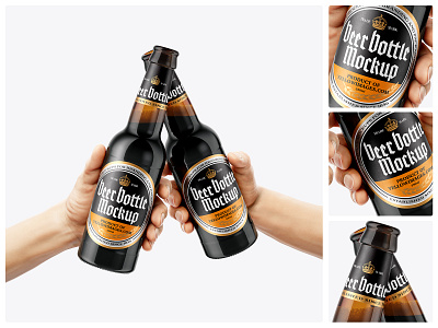 Two Amber Glass Beer Bottles in the Hands Mockup dark beer glass bottle lager mockup psd