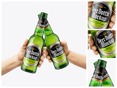 Two Green Glass Beer Bottles in the Hands Mockup 330ml 3d alcohol beer beer bottle beer in hand bottle in hand branding drink graphic design green green bottle green glass lager mockup psd two beer two bottle