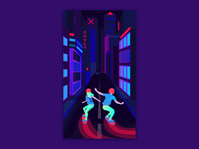 Technology is magic #3. Hoverboards. architecture building character characters city cyberpunk fantasy future gradient high tech illustration magic neon night road series art technology ukraine vector way