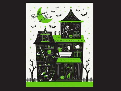 Halloween At Home 2020 bats covid frankenstein ghost halloween haunted house home house illustration poster pumpkin quarantine retro skeleton spooky vampire vector werewolf witch