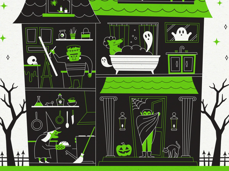 Detail Shot: Halloween at Home 2020 bats covid frankenstein halloween halloween 2020 haunted house home illustration mansion monster monsters poster quarantine skeleton spooky vampire witch