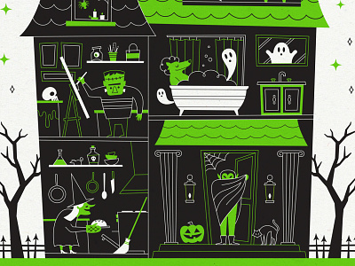 Detail Shot: Halloween at Home 2020 bats covid frankenstein halloween halloween 2020 haunted house home illustration mansion monster monsters poster quarantine skeleton spooky vampire witch