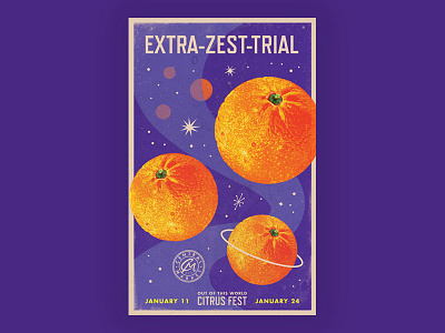 Extra-Zest-Trial central market citrus fruit oranges outer space planets poster retro space stars texas