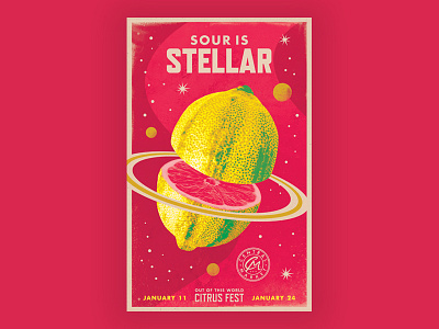 Sour is Stellar central market citrus fruit oranges outer space planets poster retro space stars texas