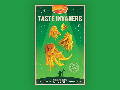 Taste Invaders central market citrus fruit oranges outer space planets poster retro space stars texas