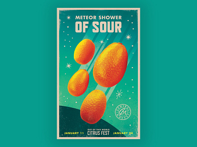 Meteor Shower of Sour central market citrus fruit oranges outer space planets poster retro space stars texas