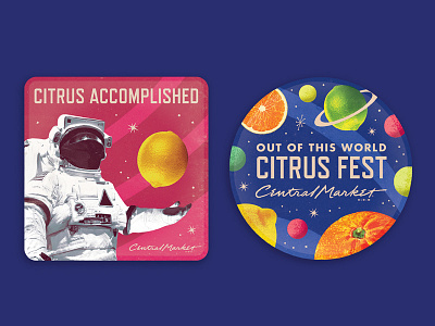 Out of This World Buttons astronaut central market citrus fruit oranges outer space planets poster retro space stars texas