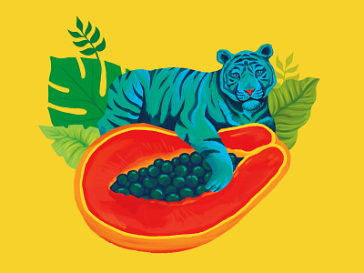 Papaya Tiger cat food fruit illustration jungle leaves papaya tiger tropical