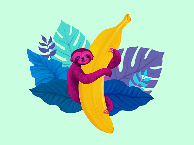 Banana Sloth animal banana fruit illustration jungle leaves nature plants sloth tropical