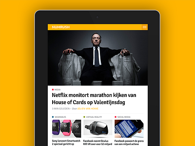 Numrush homepage on iPad blog homepage journalism mobile news numrush responsive tablet tech site technology website wordpress