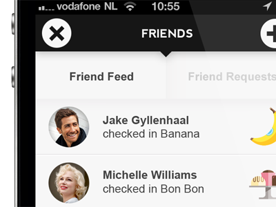 Friends page in new Foodzy app app avatars black food foodzy grey icons ios white
