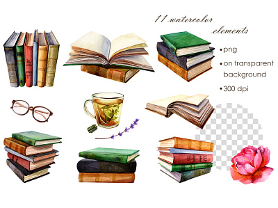 Books - watercolor clipart. PNG collection booklover books bookstore clipart design elements hand drawn illustration logo png stack of books watercolor