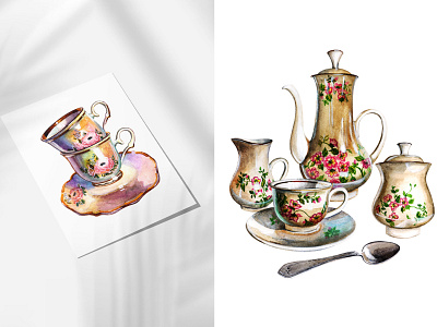 Porcelain tableware. Watercolor set clipart cup design hand drawn illustration logo menu porcelain postcard teapot teatime watercolor
