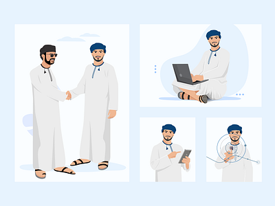 Omani Character Design 2d artwork branding cartoon drawing character character design design flat illustration graphic design illustration jabin moni omani omani vector shape ui using laptop using phone