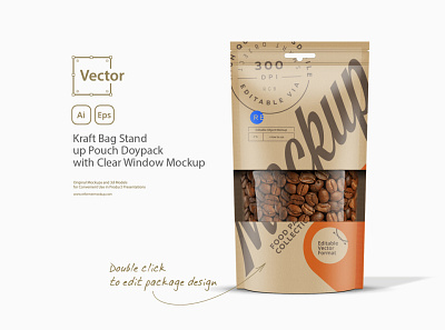 Kraft Paper Bag Stand up Pouch Doypack with Clear Window Mockup coffee craft bag design food illustration kraft kraft bag kraft pouch mock up mockup package packaging paper paper bag paper pouch pouch smart object stand up stand up pouch template