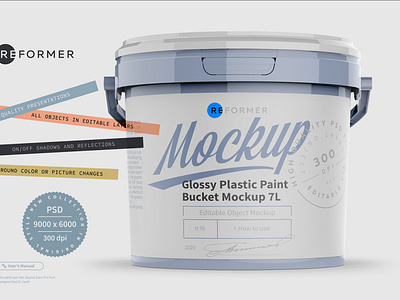 Glossy Plastic Paint Bucket Mockup 7L 700g bucket can coffee color enamel exclusive mockup food illustration mock up mockup packaging packaging design pail paint plastic product psd smart object template