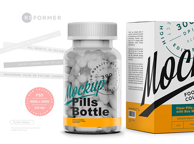 Clear Pills Bottle with Box Mockup branding coffee design food illustration logo mock up mockup mockups pack package packaging packaging mockup product psd psd mockup smart object supplements tablets template