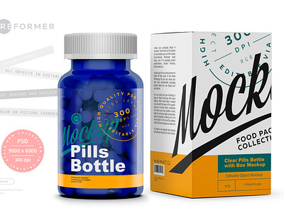 Blue Pills Bottle with Box Mockup