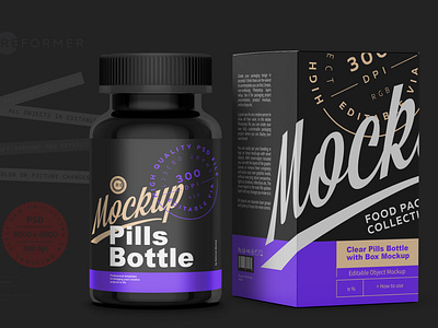 Black Pills Bottle with Box Mockup branding coffee design flow pack food illustration logo mock up mockup mockups object pack package packaging packaging mockup product psd psd mockup smart object template