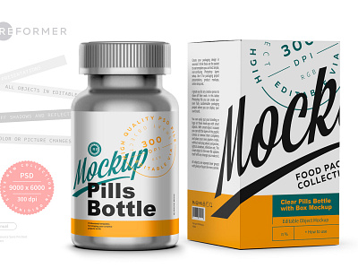 Metallic Pills Bottle with Box Mockup branding coffee design foil food illustration logo mock up mockup mockups object pack package packaging packaging mockup product psd screw smart object template