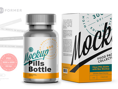 Metallic Pills Bottle with Box Mockup