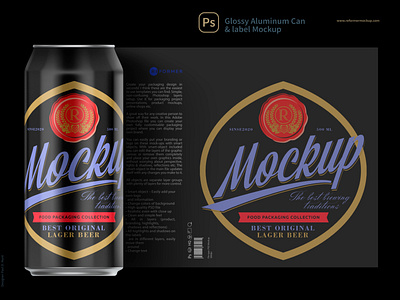 500ml Black Glossy Aluminum Can & label Mockup